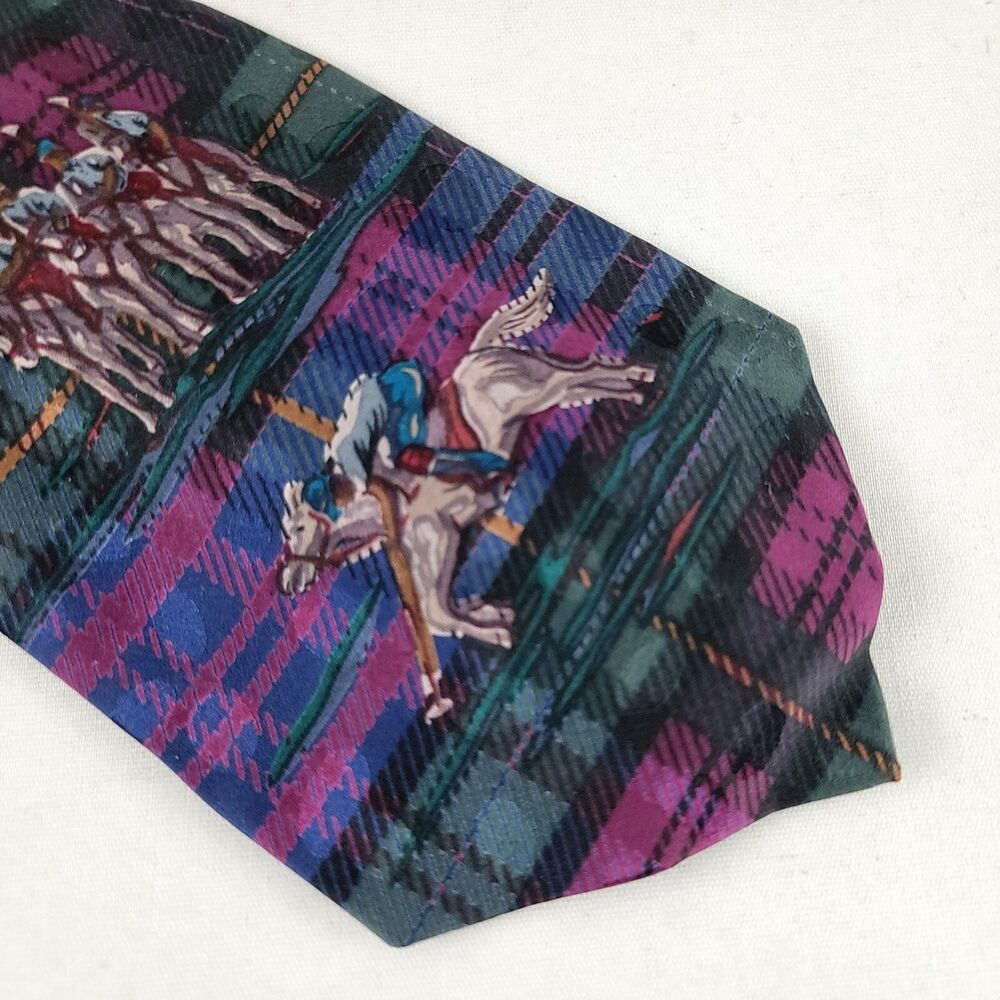 Vintage Addiction Mens Silk Neck Tie Purple Blue Polo Horses Plaid Equestrian